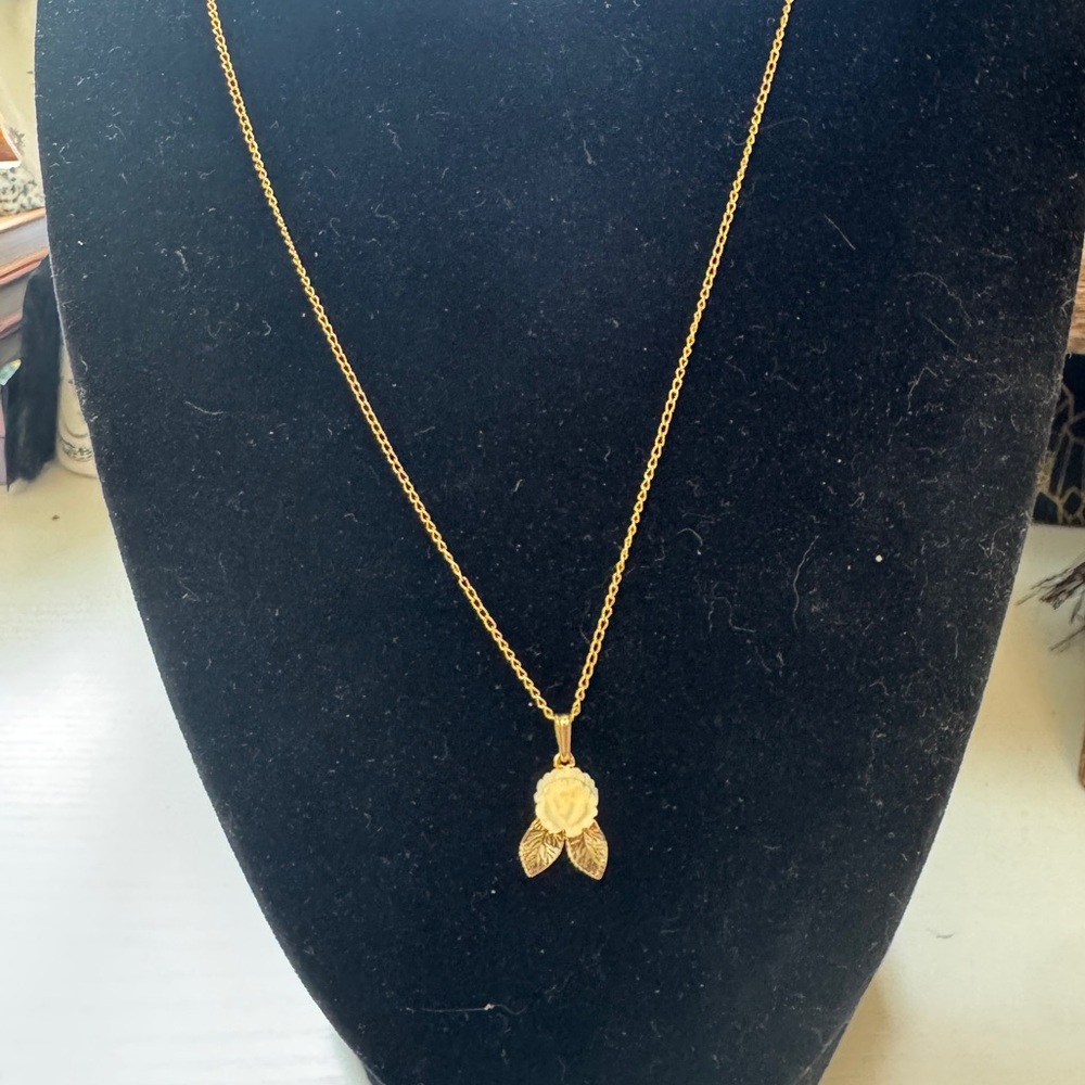 Vintage Gold Filled Carved Celluloid Rose Necklace